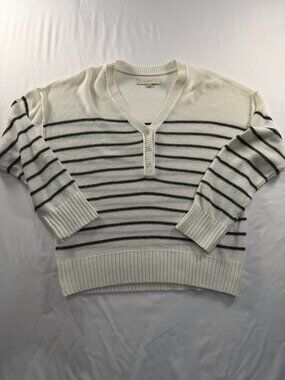 LOFT Lightweight V‑Neck Sweater White w/ Black Stripes Size Medium